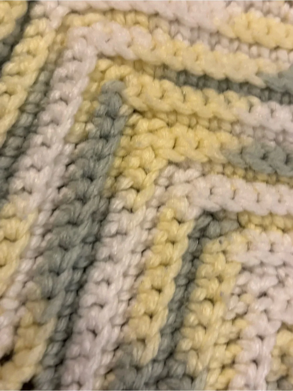 Handmade Chevron Baby Blanket in Yellow, Cream & Gray Ripple Stich Approx 30x30’
